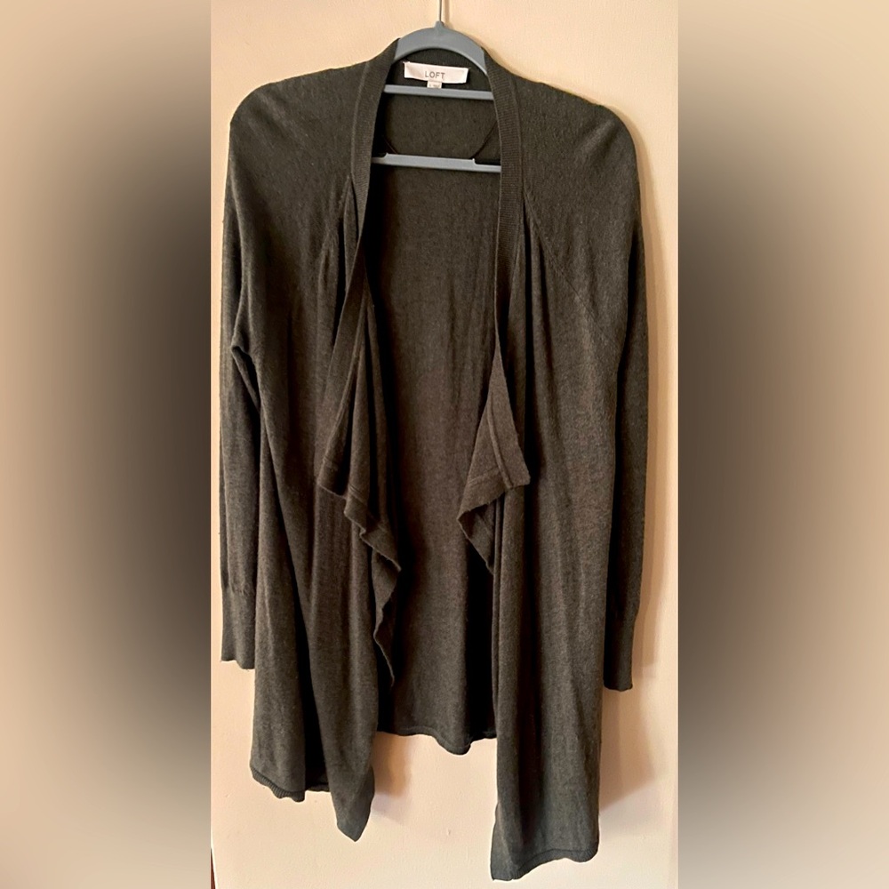LOFT Women's Draped Front Olive Wool Blend Cardigan Sweater, Large, 33" Length